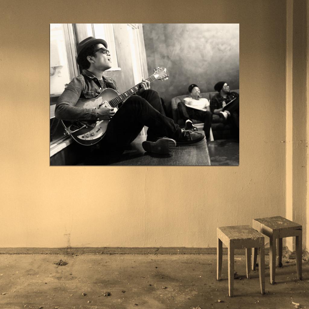 Bruno Mars Guitar R&B Pop Singer Music BW Art Wall Art Print Poster