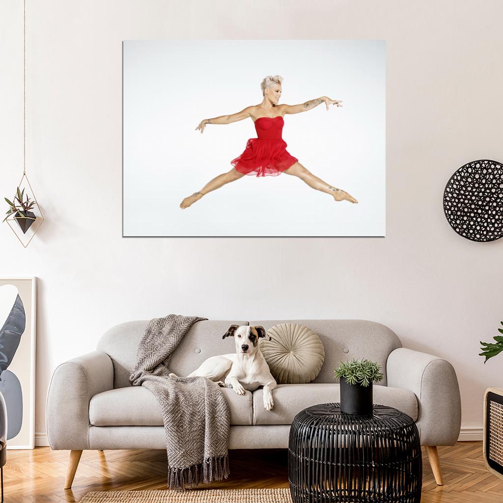 Pink Beauty Red Dress Jump R&B Pop Rock Singer Music Art Wall Art Print Poster