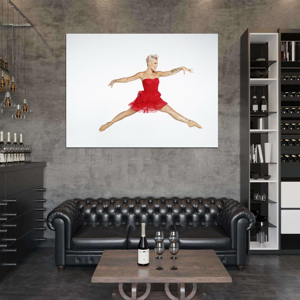 Pink Beauty Red Dress Jump R&B Pop Rock Singer Music Art Wall Art Print Poster