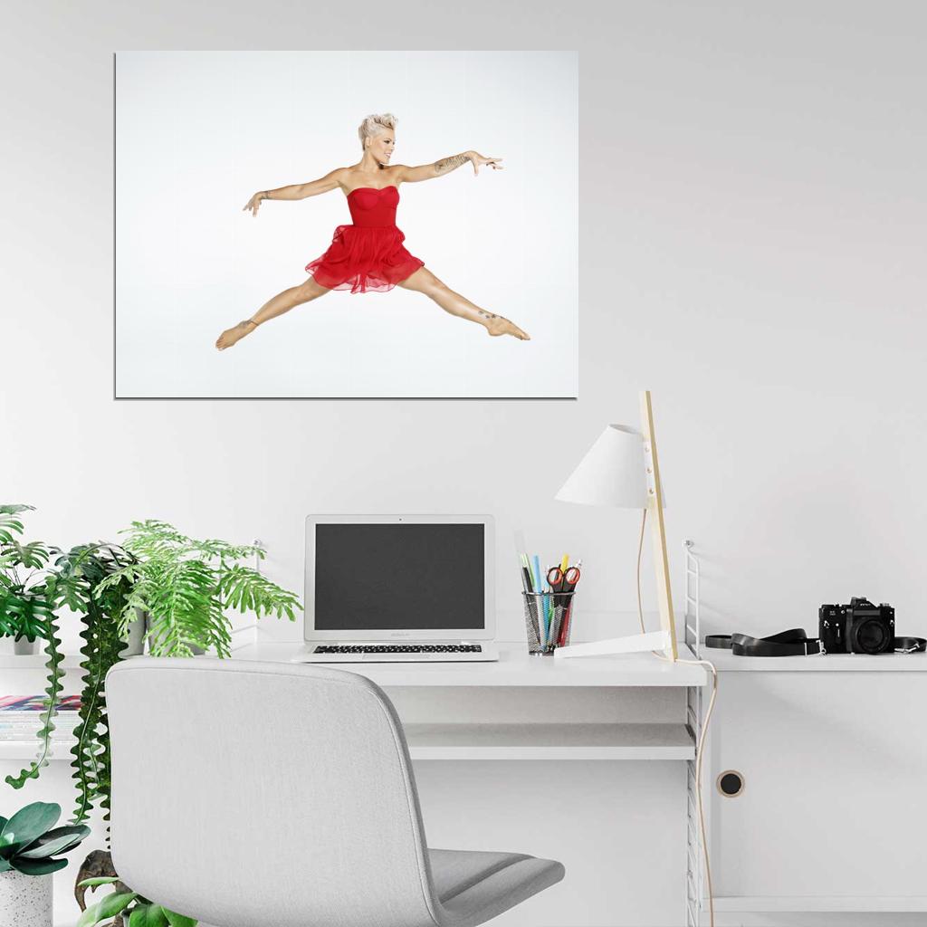 Pink Beauty Red Dress Jump R&B Pop Rock Singer Music Art Wall Art Print Poster