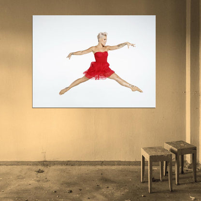 Pink Beauty Red Dress Jump R&B Pop Rock Singer Music Art Wall Art Print Poster