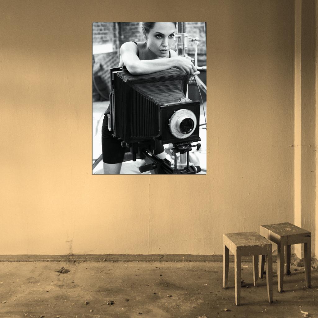 Angelina Jolie Retro Camera Actress BW Art Wall Art Print Poster