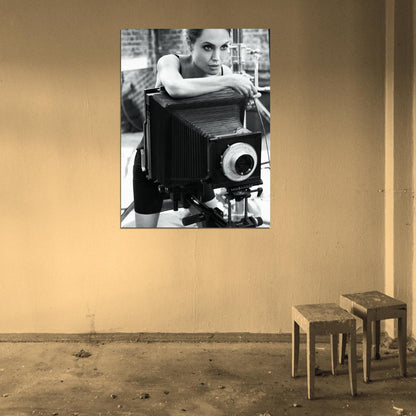 Angelina Jolie Retro Camera Actress BW Art Wall Art Print Poster