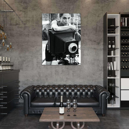 Angelina Jolie Retro Camera Actress BW Art Wall Art Print Poster
