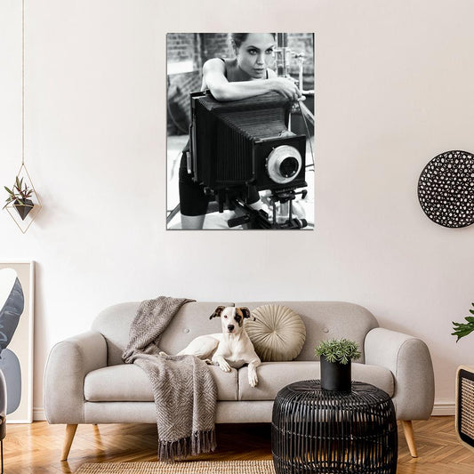 Angelina Jolie Retro Camera Actress BW Art Wall Art Print Poster