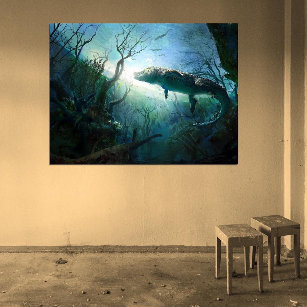 Crocodile Painting Art Underwater Landscape Animal Nature Wall Art Print Poster