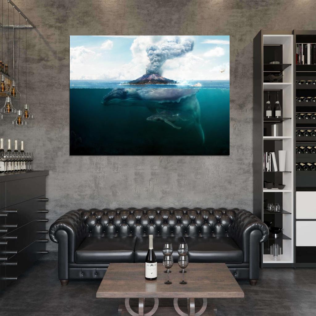 Giant Whale Sea Volcano Fantasy Art Animal Nature Wall Art Print Poster