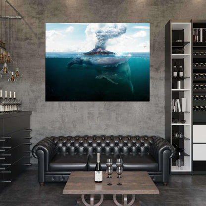 Giant Whale Sea Volcano Fantasy Art Animal Nature Wall Art Print Poster
