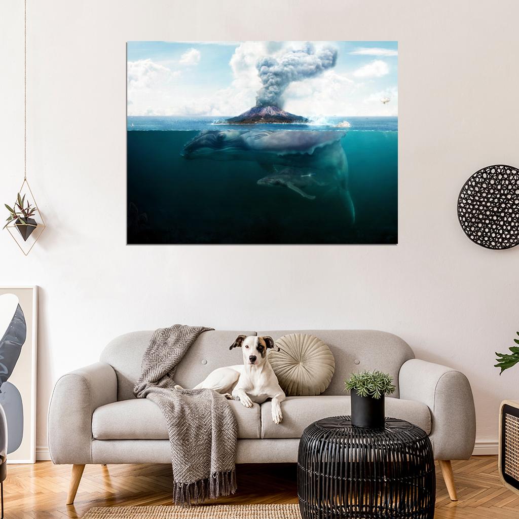 Giant Whale Sea Volcano Fantasy Art Animal Nature Wall Art Print Poster
