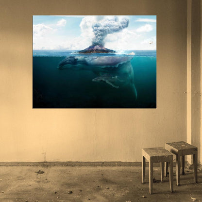 Giant Whale Sea Volcano Fantasy Art Animal Nature Wall Art Print Poster