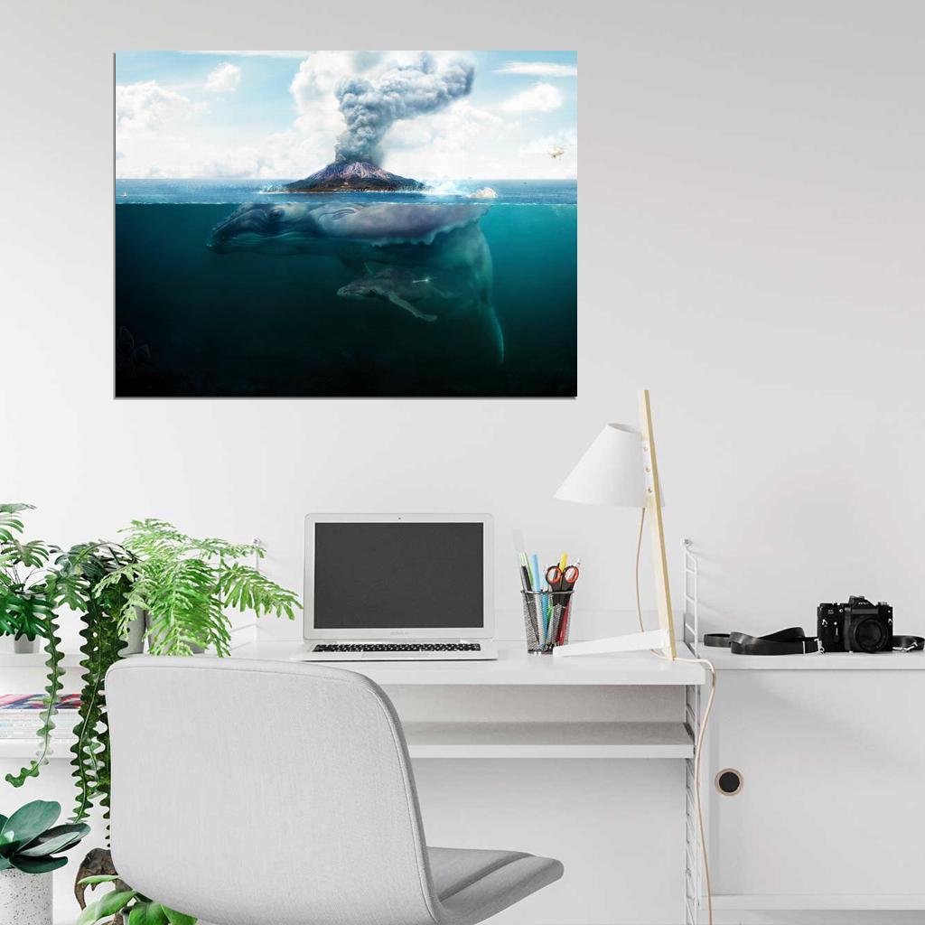 Giant Whale Sea Volcano Fantasy Art Animal Nature Wall Art Print Poster