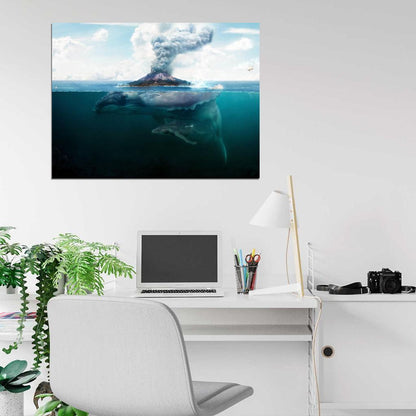 Giant Whale Sea Volcano Fantasy Art Animal Nature Wall Art Print Poster