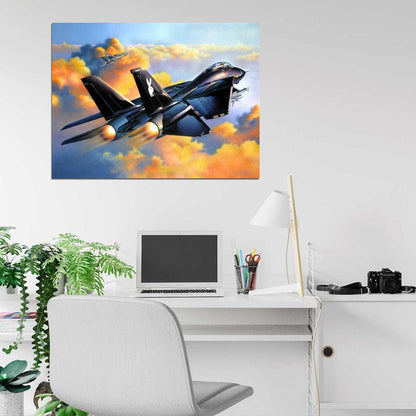 Grumman F-14 Tomcat Black Air Forces Sunset Art War Military Wall Art Print Poster