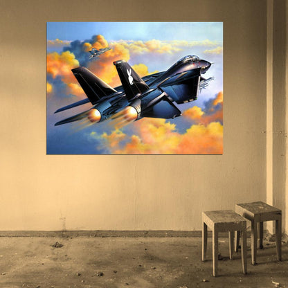 Grumman F-14 Tomcat Black Air Forces Sunset Art War Military Wall Art Print Poster
