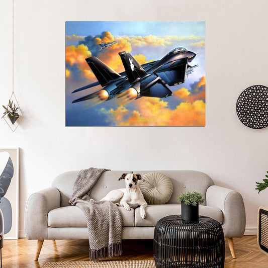 Grumman F-14 Tomcat Black Air Forces Sunset Art War Military Wall Art Print Poster