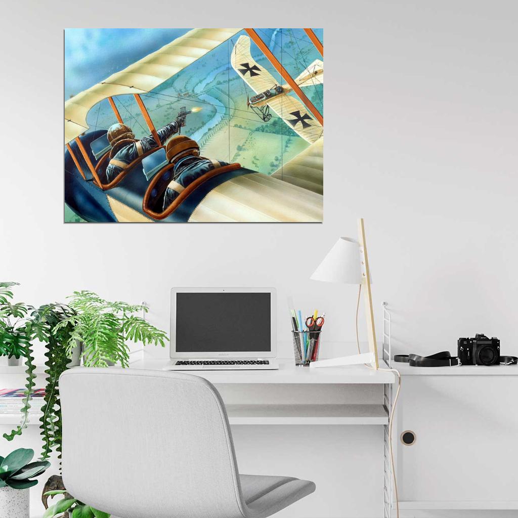 WW1 Biplane Dogfight Air Forces Art World War I Military Wall Art Print Poster