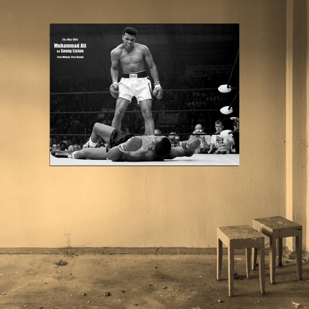 Muhammad Ali vs Sonny Liston 1965 Knockout Boxing KO Retro BW Wall Art Print Poster