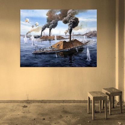 Ironclad Warship CSS Virginia USS Monitor Merrimack American Civil War Painting Art Wall Art Print Poster