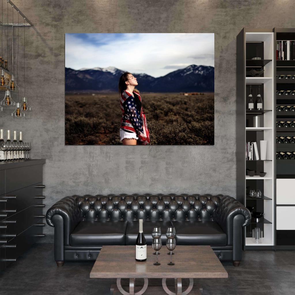 Freedom Beautiful Cute Girl Nature American Flag Wall Art Print Poster