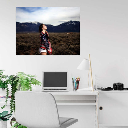 Freedom Beautiful Cute Girl Nature American Flag Wall Art Print Poster