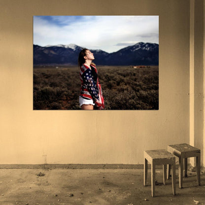 Freedom Beautiful Cute Girl Nature American Flag Wall Art Print Poster