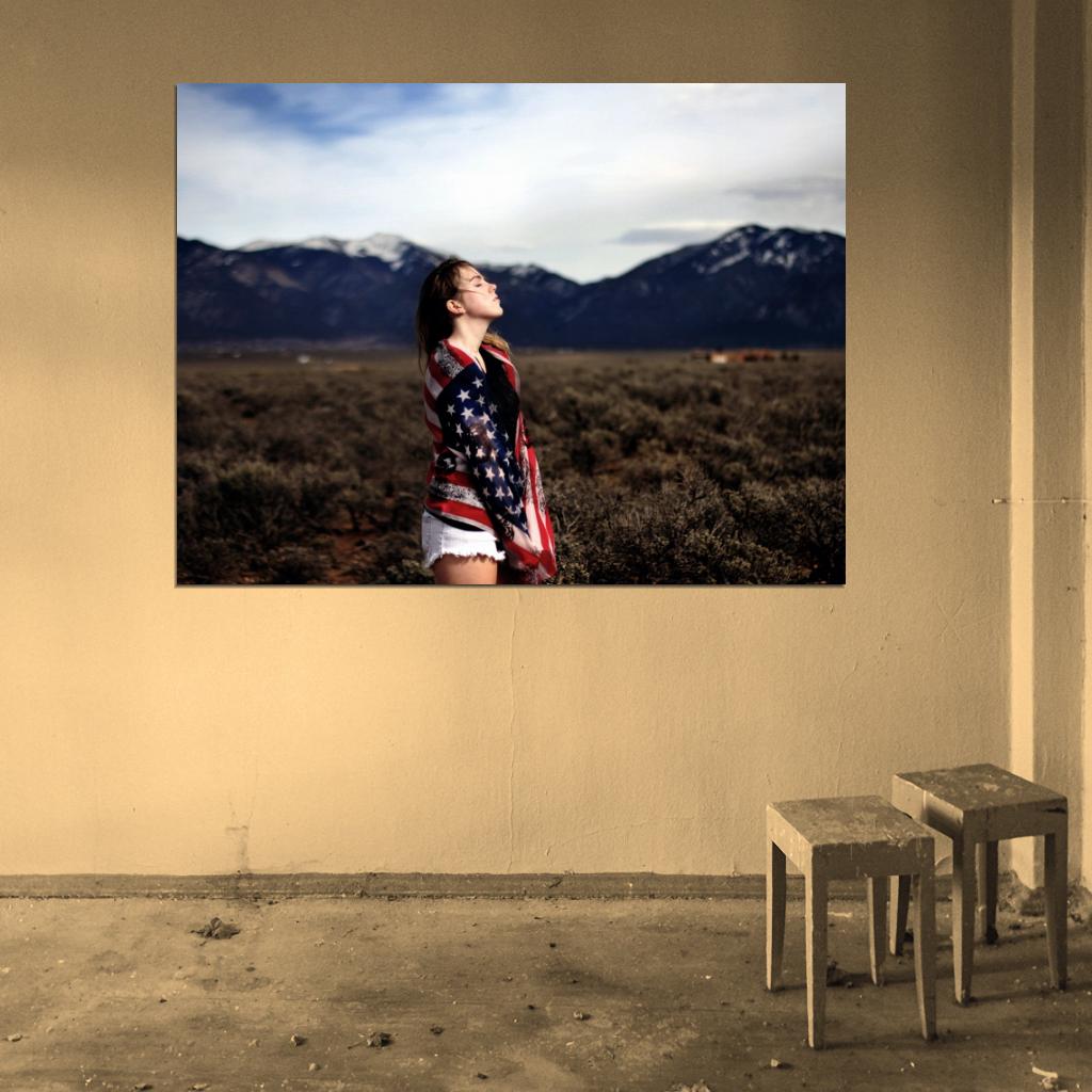 Freedom Beautiful Cute Girl Nature American Flag Wall Art Print Poster