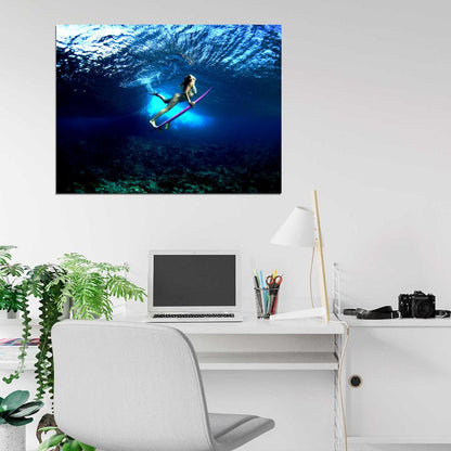 Beautiful Girl Amazing Underwater Surfing Waves Sport Wall Art Print Poster