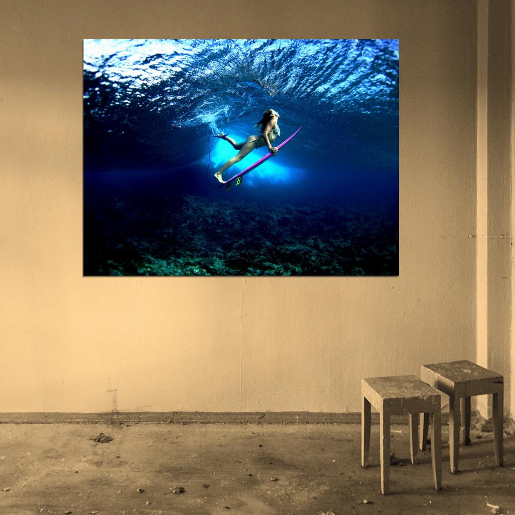 Beautiful Girl Amazing Underwater Surfing Waves Sport Wall Art Print Poster