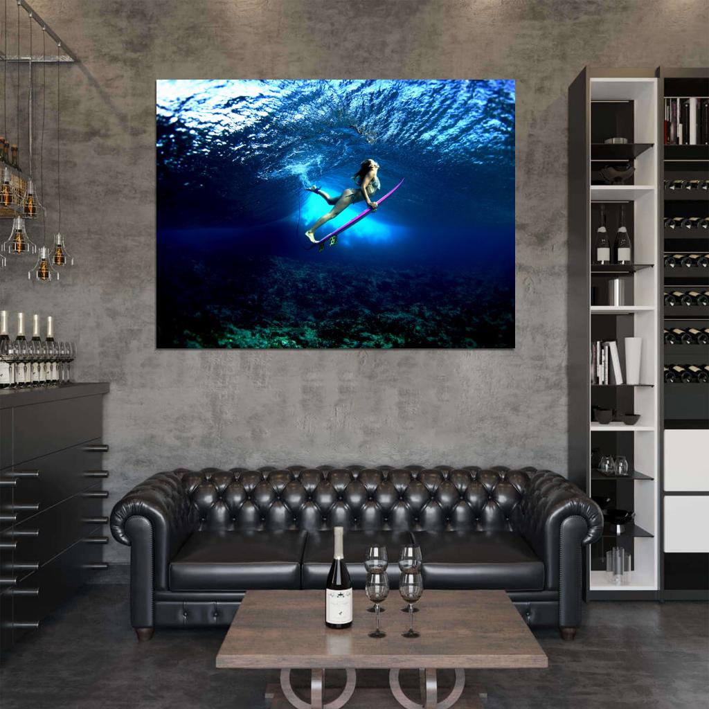 Beautiful Girl Amazing Underwater Surfing Waves Sport Wall Art Print Poster