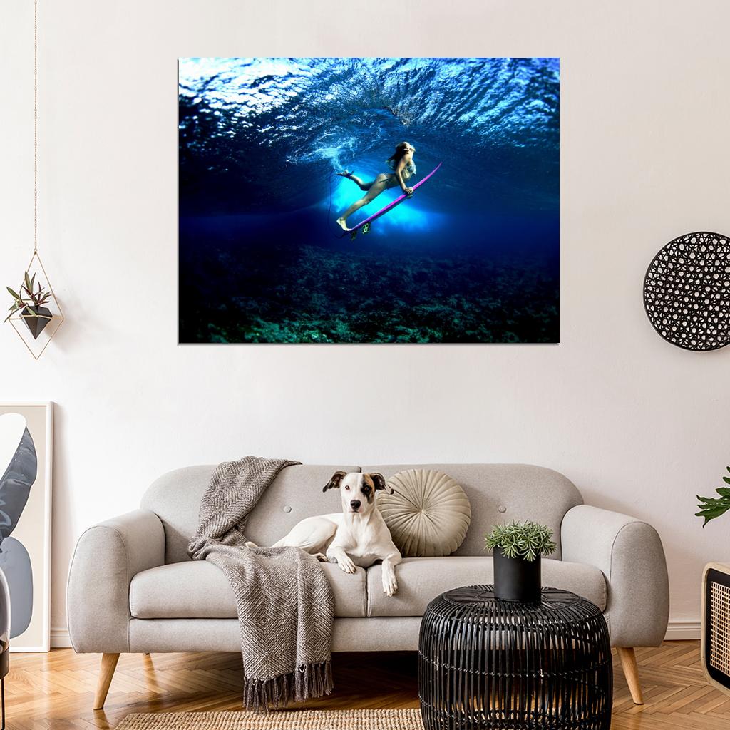 Beautiful Girl Amazing Underwater Surfing Waves Sport Wall Art Print Poster