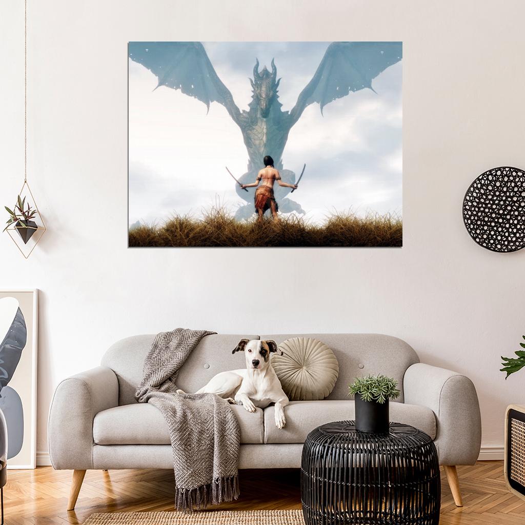 Hot Girl Warrior Swords Dragon Fantasy CG Art Wall Art Print Poster