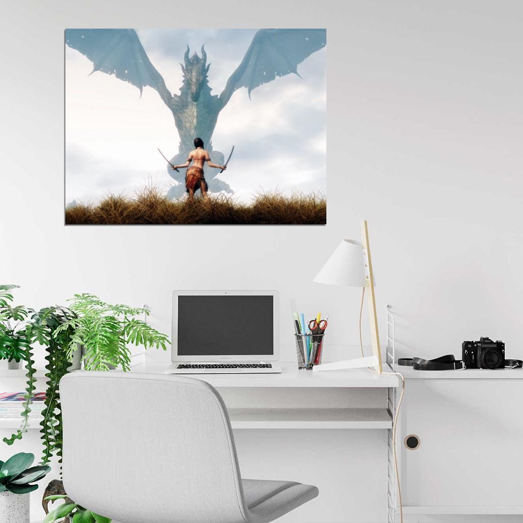 Hot Girl Warrior Swords Dragon Fantasy CG Art Wall Art Print Poster