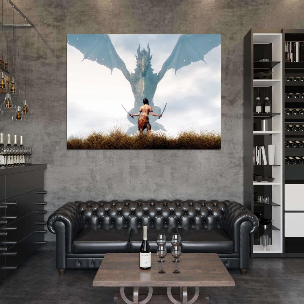 Hot Girl Warrior Swords Dragon Fantasy CG Art Wall Art Print Poster