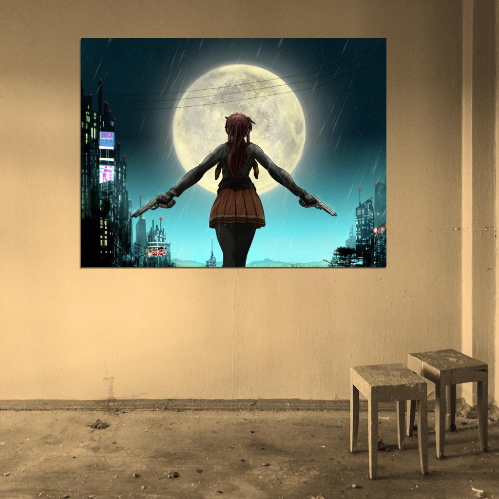 Revy Black Lagoon Guns Night Moon City Anime Manga Art Wall Art Print Poster