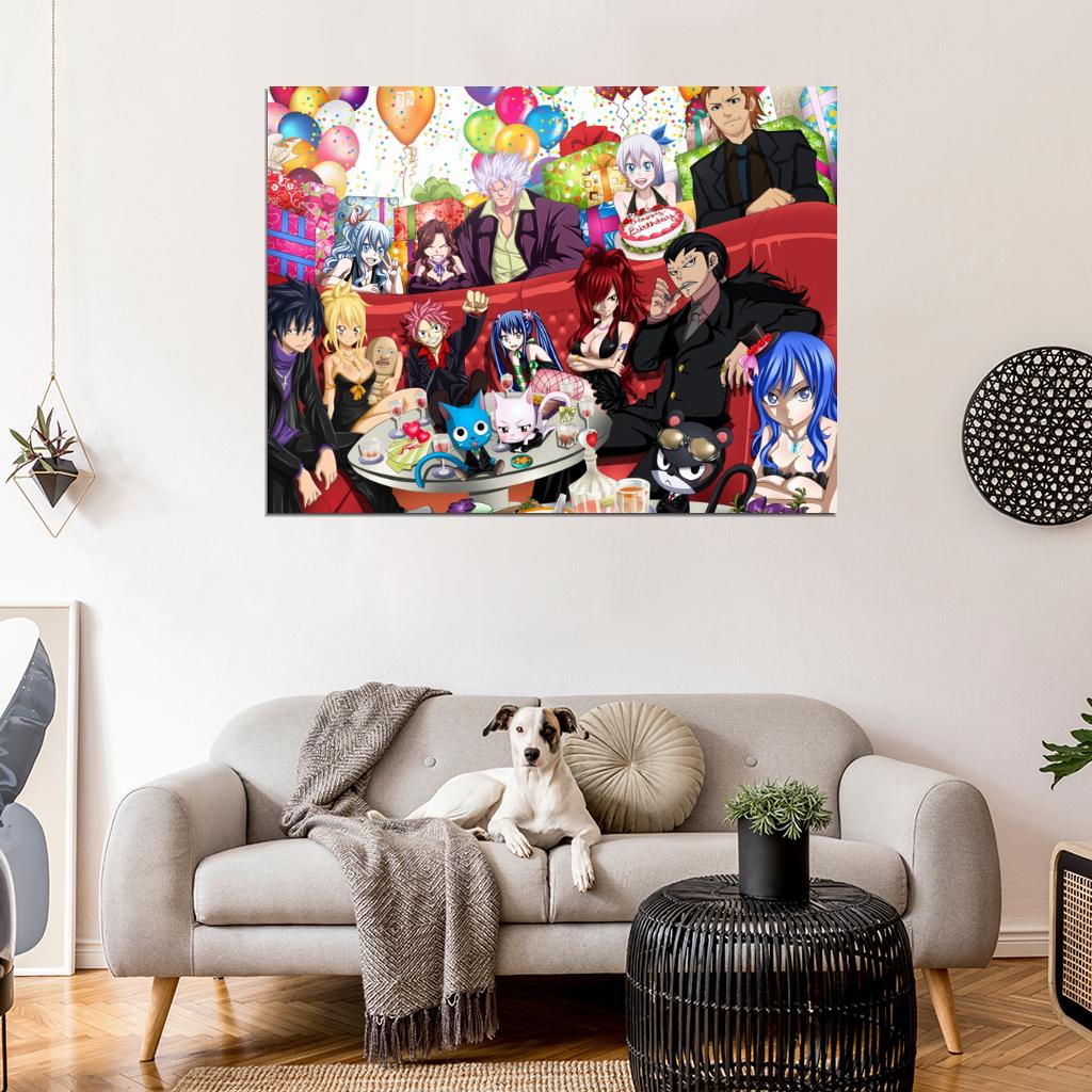 Fairy Tail Cast Characters Lucy Heartfilia Happy Erza Scarlet Natsu Dragneel Gray Fullbuster Juvia Loxar Gajeel Redfox Wall Art Print Poster