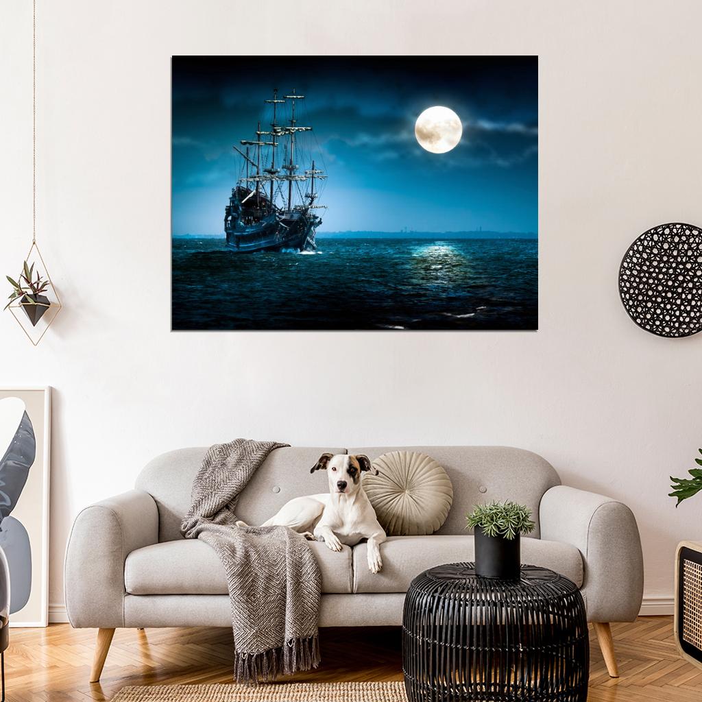 Old Sailing Ship Vessel Sea Night Moon Beautiful Wall Art Print Poster