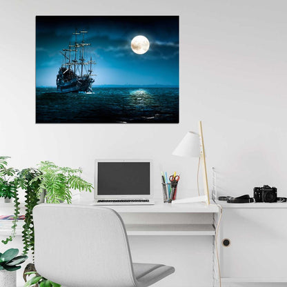 Old Sailing Ship Vessel Sea Night Moon Beautiful Wall Art Print Poster