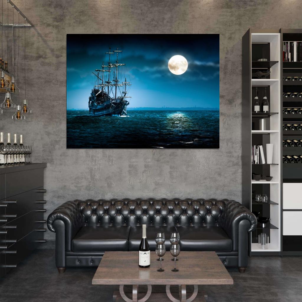 Old Sailing Ship Vessel Sea Night Moon Beautiful Wall Art Print Poster