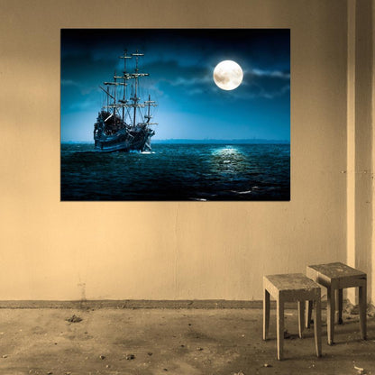 Old Sailing Ship Vessel Sea Night Moon Beautiful Wall Art Print Poster