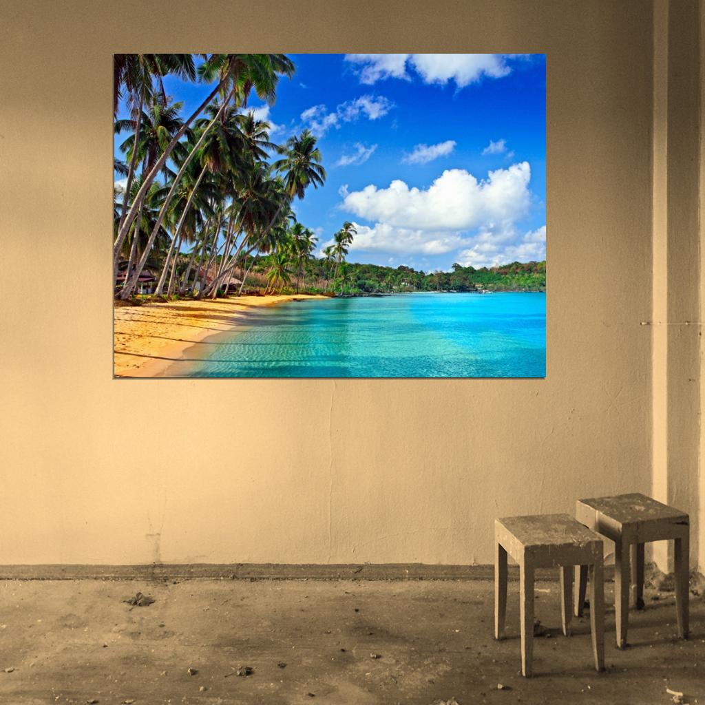 Paradise Palms Sea Beautiful Ocean Tropical Beach Wall Art Print Poster