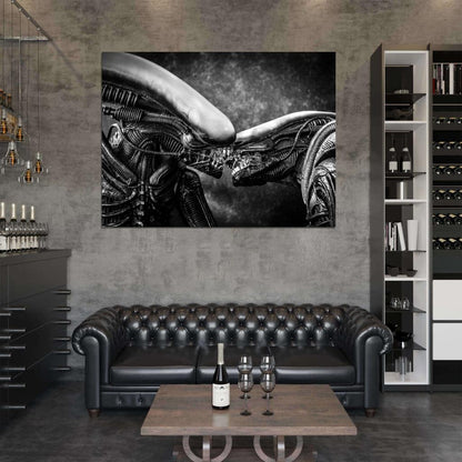 Aliens Kiss Love Xenomorph BW Movie Sci-Fi Art Wall Art Print Poster