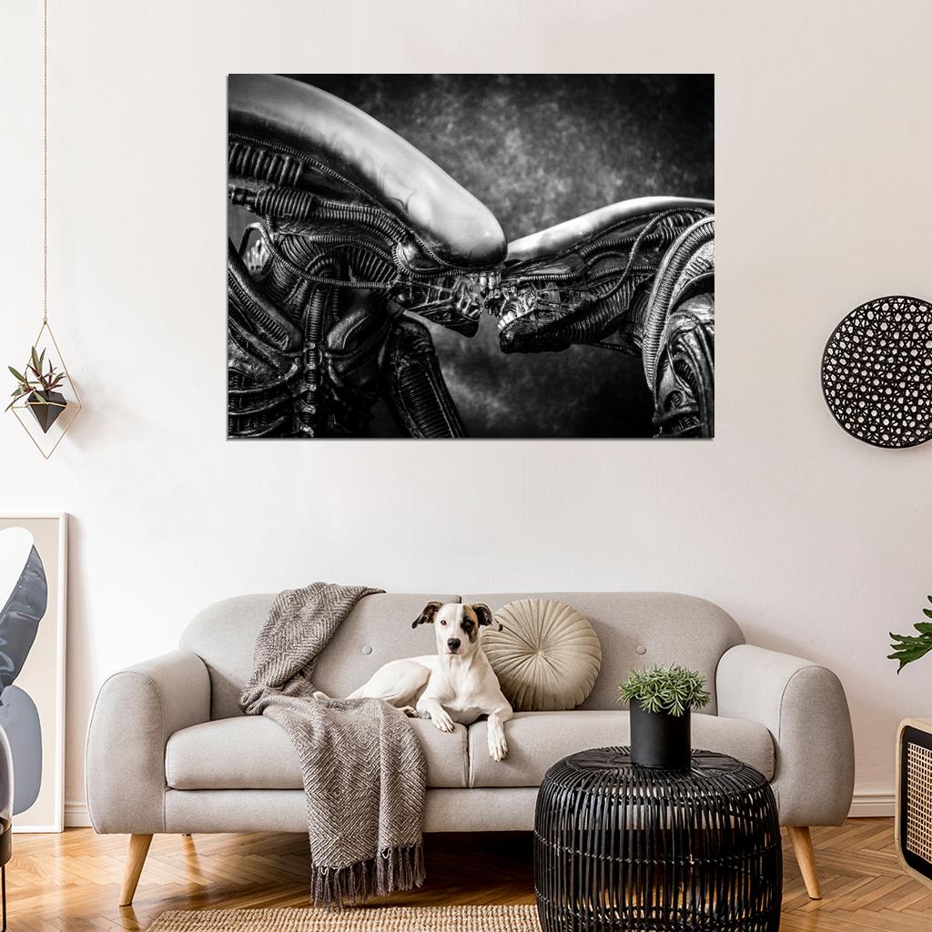 Aliens Kiss Love Xenomorph BW Movie Sci-Fi Art Wall Art Print Poster
