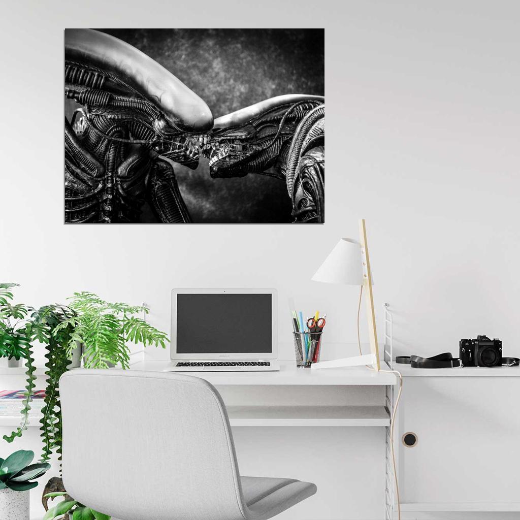 Aliens Kiss Love Xenomorph BW Movie Sci-Fi Art Wall Art Print Poster