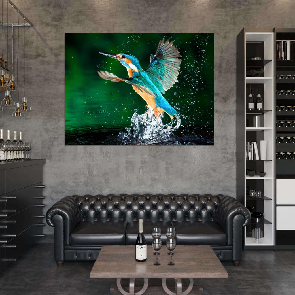 Alcedo Atthis Kingfisher Beautiful Bird Macro Splashes Wall Art Print Poster