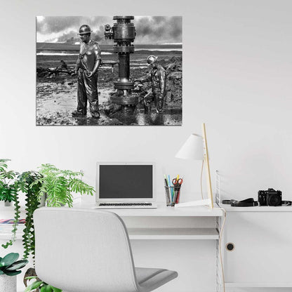 Canadian Firefighters Kuwait Iraq Gulf War 1991 BW Wall Art Print Poster