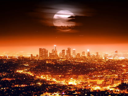Los Angeles Skyline Full Moon Night City Lights Cityscapes Amazing LA Wall Art Print Poster
