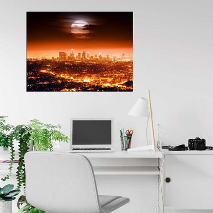 Los Angeles Skyline Full Moon Night City Lights Cityscapes Amazing LA Wall Art Print Poster