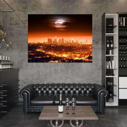 Los Angeles Skyline Full Moon Night City Lights Cityscapes Amazing LA Wall Art Print Poster
