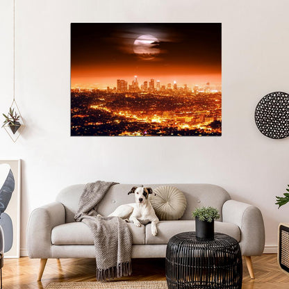 Los Angeles Skyline Full Moon Night City Lights Cityscapes Amazing LA Wall Art Print Poster