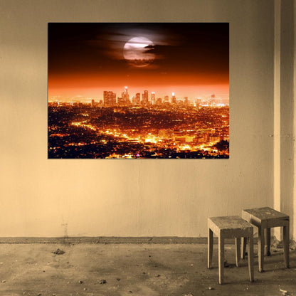 Los Angeles Skyline Full Moon Night City Lights Cityscapes Amazing LA Wall Art Print Poster